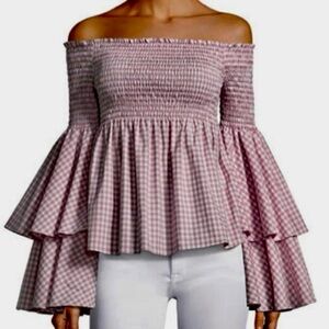 Caroline Constas Appolonia Smocked Off-the-Shoulder Ruffle Bell Sleeve Top
